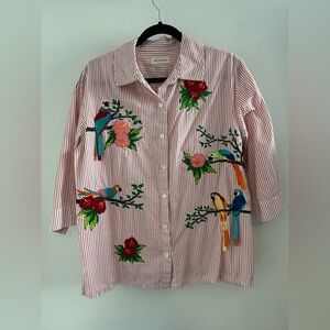Bechamel Pink and White Striped Shirt with Embroidered Parrots